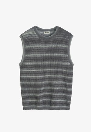 Gilet tricoté sans manches avec motif rayé horizontal gris et gris clair et col rond.