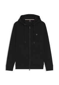 Felpa nera con zip e cappuccio regolabile, tasche frontali, polsini a coste e un piccolo logo rotondo sul lato sinistro del petto.