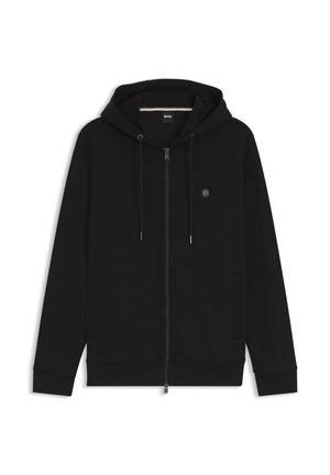 Felpa nera con zip e cappuccio regolabile, tasche frontali, polsini a coste e un piccolo logo rotondo sul lato sinistro del petto.