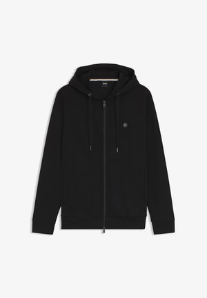 Felpa nera con zip e cappuccio regolabile, tasche frontali, polsini a coste e un piccolo logo rotondo sul lato sinistro del petto.