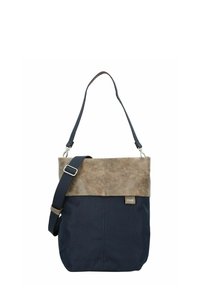 Borsa a tracolla blu navy con una patta in finta pelle marrone. Presenta una tracolla e accessori metallici. Texture liscia con un design semplice.