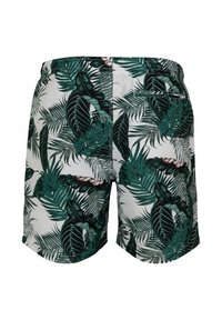 Shorts de bain pour hommes arborant un motif de feuilles tropicales dans des teintes de vert et sombre sur un fond blanc, avec une taille élastique et une poche arrière.