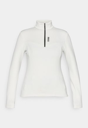 Balts garo piedurkņu džemperis ar augstu apkakli, ceturtdaļas rāvējslēdzēju un melnu logo. Iezīmēta pieguļoša piegriezuma ar smalkiem šuvju akcentiem.