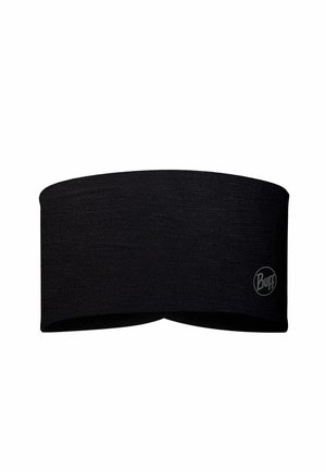 Black fabric headband with a small circular logo on the side, designed for sports or outdoor activities.