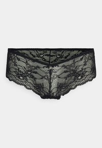 Calcinha hipster preta de renda com padrões florais, bordas em formato de concha e textura transparente. Tecido suave com um design de cós liso.