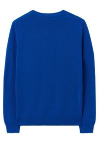 Modrý svetr s kulatým výstřihem, dlouhými rukávy, žebrovanými manžetami a lemem. Vyrobený z měkkého, hladkého pleteného materiálu s jednotnou texturou.