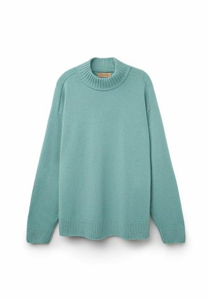 Mintgrøn sweater lavet af blødt stof, med en høj ribbet krave, drop shoulderærmer og ribbede kantbånd og manchetter for ekstra tekstur.