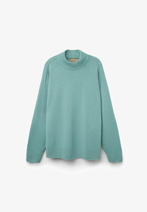Mintgrøn sweater lavet af blødt stof, med en høj ribbet krave, drop shoulderærmer og ribbede kantbånd og manchetter for ekstra tekstur.