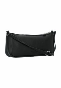 Borsa a tracolla nera in pelle con forma rettangolare sottile, accessori in argento e chiusura con cerniera. Dotata di una tracolla regolabile.