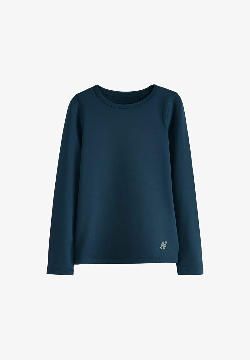 Maglietta a maniche lunghe con collo rotondo in tessuto blu scuro. Presenta una superficie liscia e un sottile logo vicino all'orlo. Design minimalista.