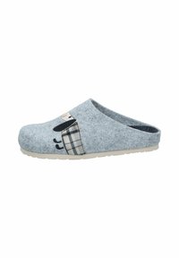 Gray felt slip-on clog with a plaid accent featuring an embroidered character. Flat, lightweight sole with a rounded toe and backless design.