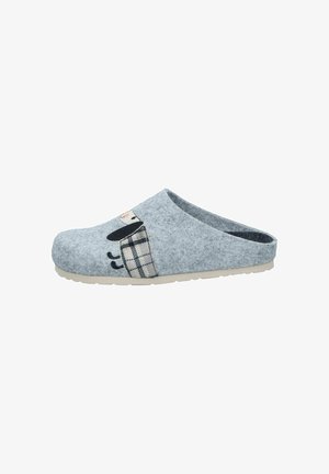 Gray felt slip-on clog with a plaid accent featuring an embroidered character. Flat, lightweight sole with a rounded toe and backless design.