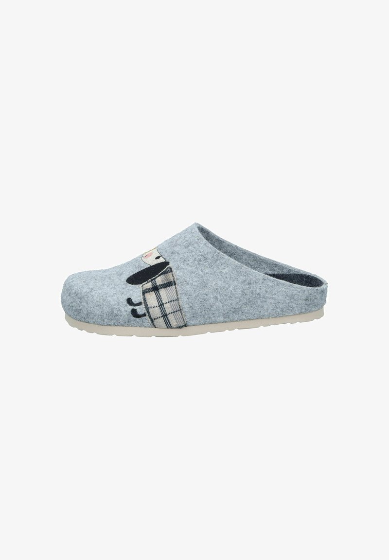 Gray felt slip-on clog with a plaid accent featuring an embroidered character. Flat, lightweight sole with a rounded toe and backless design.