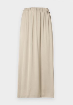 Beige, knelengdeskjørt laget av mykt stoff med elastisk midjebånd. Har en glatt tekstur og et enkelt, flytende design.