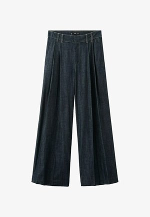 Ciemnoniebieskie szerokie spodnie jeansowe z plisami, szlufkami na pasek i przednimi kieszeniami.