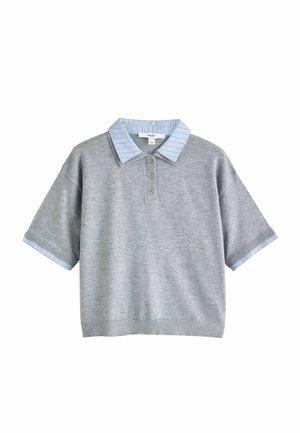 Graues Poloshirt mit kurzen Ärmeln, hellblau-weiß gestreiftem Kragen und Ärmelbündchen, Dreiknopf-Leiste, auf schlichtem Hintergrund abgebildet.