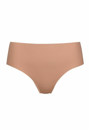 Nude seamless bikini kalhotky s vysokým pasem, vyrobené z hladkého, elastického materiálu. Mají jednoduchý design bez viditelných švů.