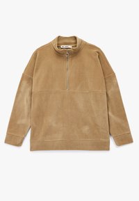 Lysebrun fleece-pullover med høj krave, halv lynlås og en struktureret overflade. Har dropped shoulders og lange ærmer.