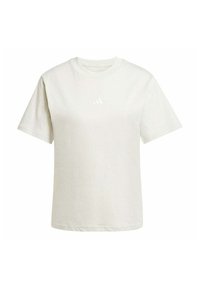 Camiseta blanca de algodón con mangas cortas, cuello redondo y pequeño logo reflectante en el pecho, con un dobladillo recto y diseño liso.