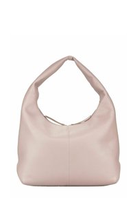 Sac hobo en cuir rose doux avec une silhouette arrondie, une sangle d'épaule épaisse et une fermeture éclair supérieure. Texture lisse avec des accents minimalistes.