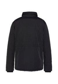 Giacca nera imbottita con collo alto, maniche lunghe e una texture liscia. Nessuna ferramenta o motivo visibile nella vista posteriore.