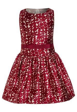 Rød kjole med blomsterprint, tætsiddende overdel, rund halsudskæring og udvidet nederdel. Fremstillet af glat stof og fremhævet med et matchende bælte i taljen.