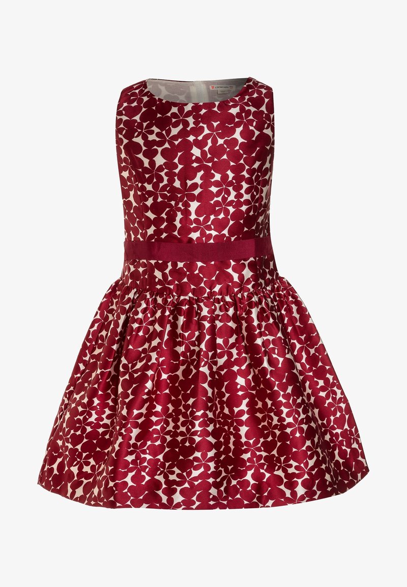 Robe rouge à motif floral avec un corsage ajusté, un col rond et une jupe évasée. Confectionnée dans un tissu lisse, agrémentée d'une ceinture assortie.