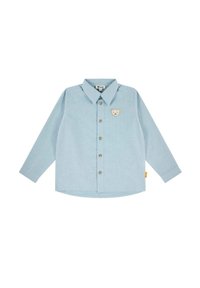 Camisa de manga larga azul clara con botón en el frente, cuello puntiagudo y bordado de un pequeño oso en el pecho. Tejido suave y dobladillo curvado.