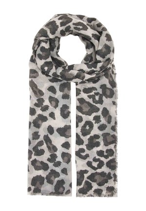 Light gray scarf with dark gray and black leopard print pattern, loosely folded with fringed edges on a white background.