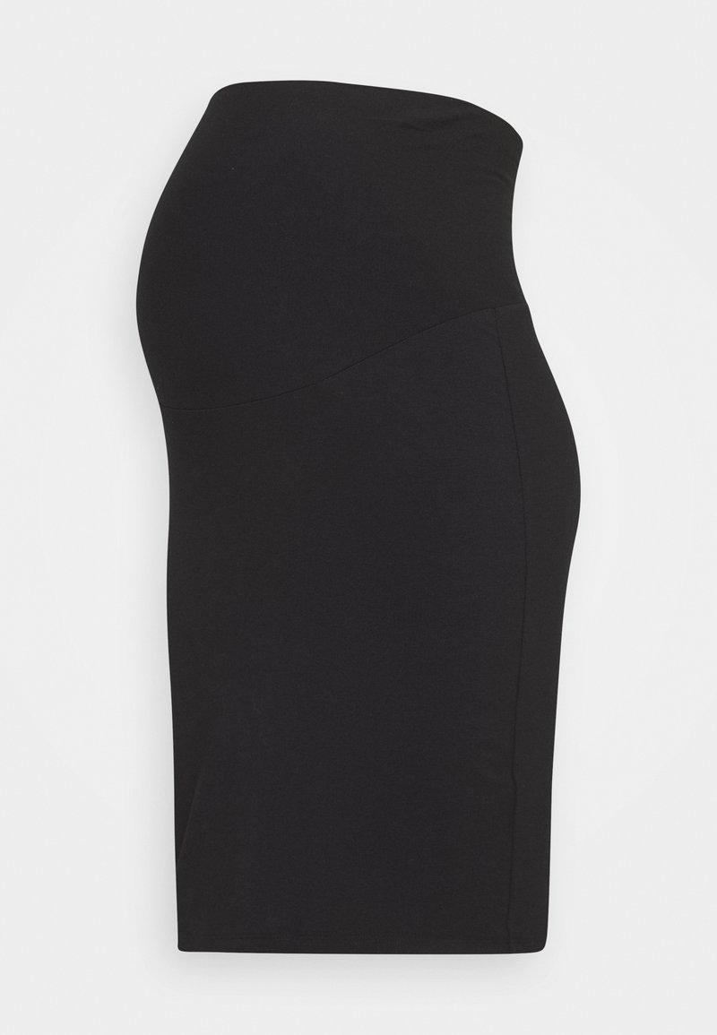 Vestido de maternidade preto, feito de tecido elástico, com silhueta ajustada, comprimento até o joelho, com uma textura suave e um design de cintura alta.