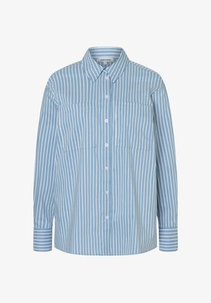 Light blue button-up shirt with vertical white stripes, a collar, two chest pockets, and long sleeves with striped cuffs.