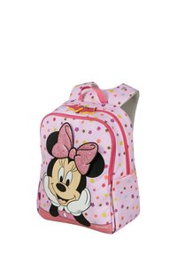 Rosa ryggsäck med glittrande Minnie Mouse-motiv, blommönster, dubbla dragkedjor och justerbara remmar för komfort.