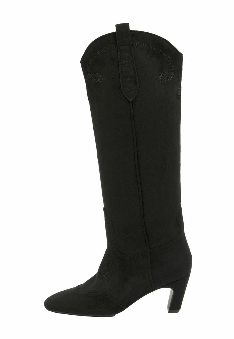 Črne usnjene škornje do kolen s koničastim nosom in zmernim peto. Imajo okrasno šivanje in zanko na vrhu za enostavno obuvanje.