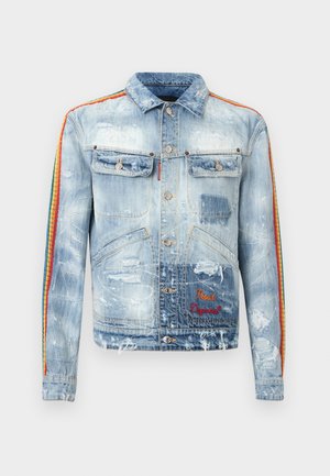Light blue distressed denim jacket with button closures, rainbow stripe along sleeves, flap chest pockets, and "Proud Dsquared" embroidery.