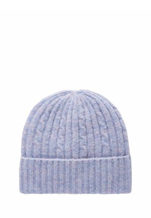 Bonnet en tricot bleu avec un motif en relief et un bord côtelé. Sa texture douce offre chaleur et confort. Idéal pour porter en hiver.