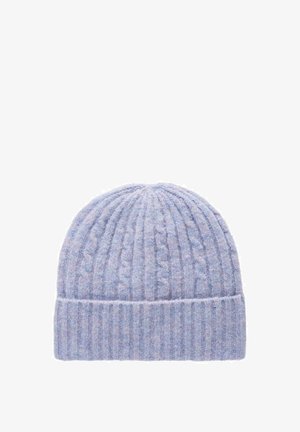 Blauwe gebreide beanie muts met een kabelpatroon en een ribbelrand. De zachte textuur biedt warmte en comfort. Geschikt voor winterkleding.