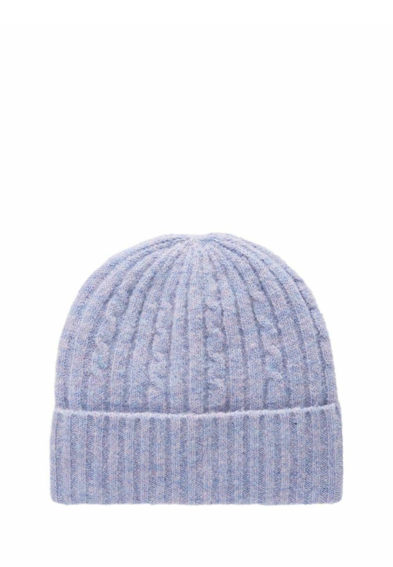 Berretto lavorato a maglia blu con motivo a trecce e orlo a costine. La morbida texture offre calore e comfort. Adatto per l'abbigliamento invernale.