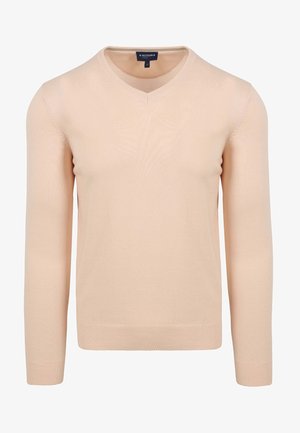 Helles beiges Strickpullover mit V-Ausschnitt, langen Ärmeln sowie gerippten Bündchen und Saum. Glatte Textur, minimalistisches Design und schlichte Schnittführung.