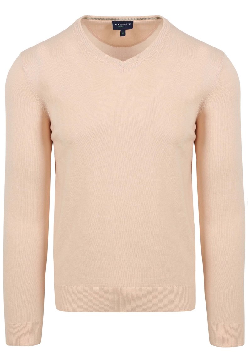 Lichtbeige gebreide trui met een v-hals, lange mouwen en geribde manchetten en onderkant. Glad textuur, minimalistisch design en eenvoudige snit.