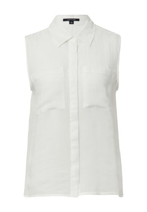 Biała bezrękawnik z kołnierzykiem, dwoma przednimi kieszeniami i listwą guzikową; wykonana z lekkiego materiału o gładkiej teksturze.