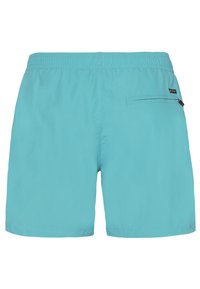 Lichtblauwe zwembroek met elastische tailleband en een ritsvak aan de rechterachterzijde.