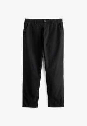 Pantaloni neri realizzati in tessuto resistente, con due tasche frontali, chiusura con bottone, design frontale piatto e gamba dritta.