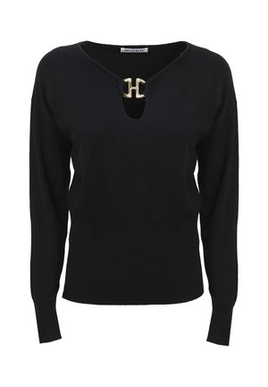 Maglione nero lavorato a maglia con scollatura a V e un accent hardware dorato con il logo al centro. Maniche lunghe con polsini e orlo a costine.