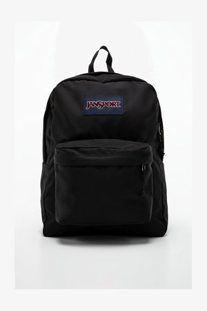 Črna Jansport nahrbtnik iz trpežne blagu, s sprednjim žepom in zaključenim logotipom na pravokotnem dizajnu. Nastavljivi naramni trakovi.