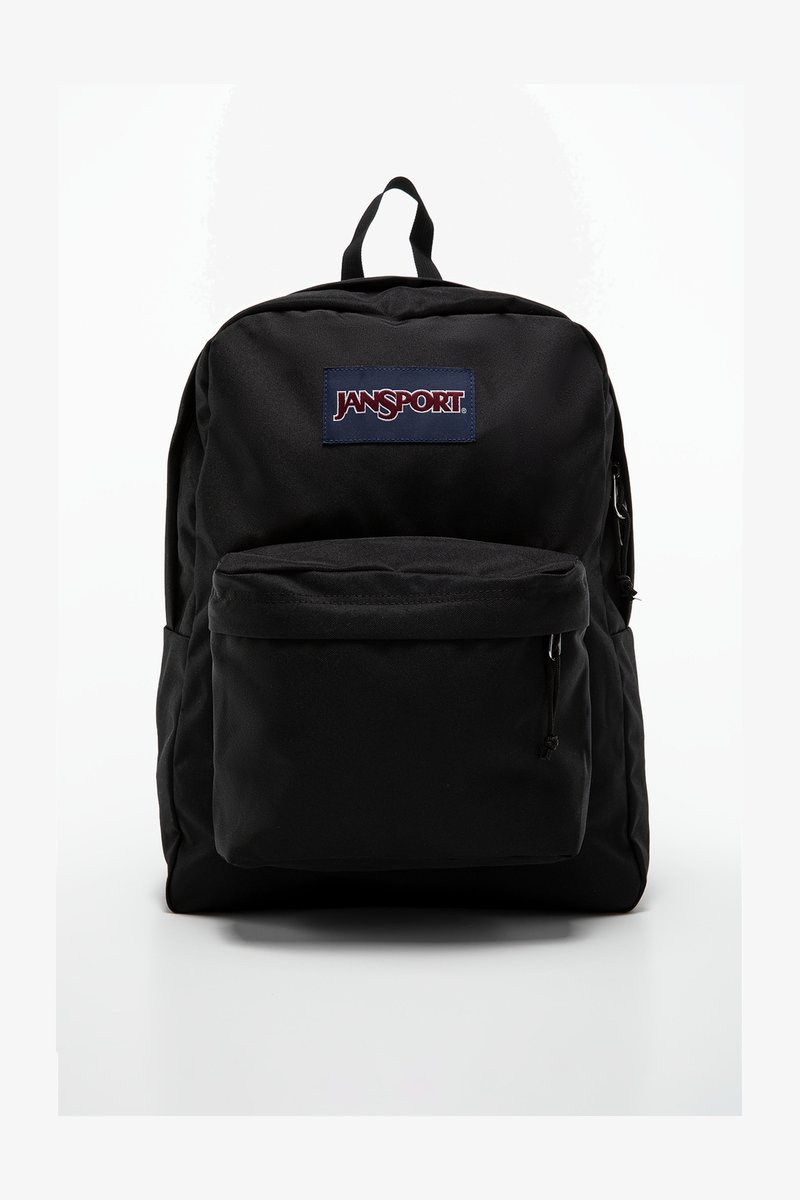 Black Jansport backpack made of durable fabric, featuring a front pocket and a stitched logo patch on a rectangular design. Adjustable shoulder straps.