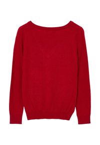 Roter gestrickter Pullover mit Rundhalsausschnitt, langen Ärmeln und geripptem Saum. Glatte Textur und schlichtes Design. Keine Muster oder Verzierungen.