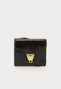 Black leather wallet with a glossy finish, featuring a gold-tone clasp and a zippered compartment. Compact rectangular shape.