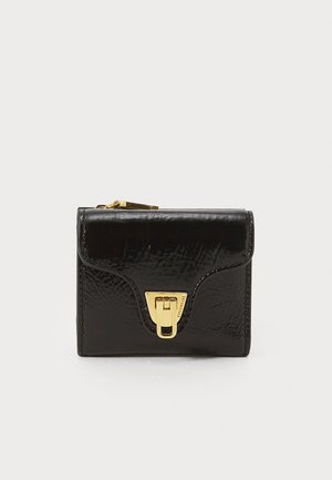Black leather wallet with a glossy finish, featuring a gold-tone clasp and a zippered compartment. Compact rectangular shape.