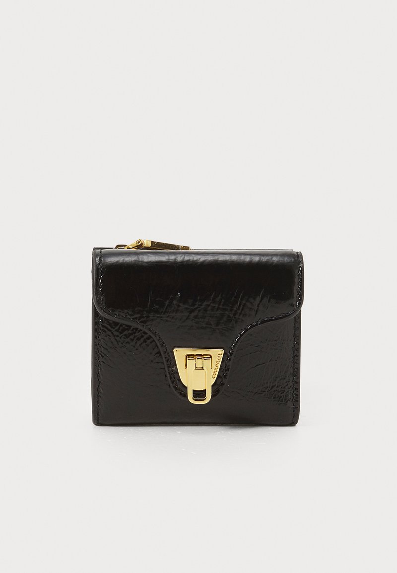 Black leather wallet with a glossy finish, featuring a gold-tone clasp and a zippered compartment. Compact rectangular shape.