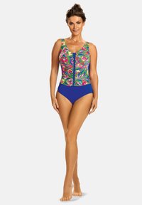 Jednoczęściowy strój kąpielowy z kolorowym kwiatowym wzorem, niebieskim dołem, dekoltem w kształcie łódki oraz guzikami z przodu dla lepszego dopasowania.